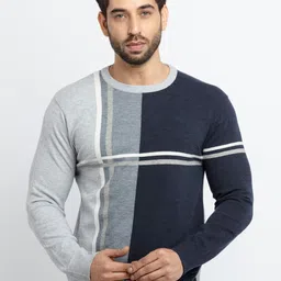 Status Quo Plus Size Men Grey & Blue Colourblocked Acrylic Pullover Sweater-image-34