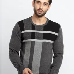 Status Quo Plus Size Men Grey & Black Colourblocked Acrylic Pullover Sweater-picture-13