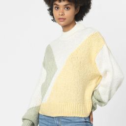 ONLY Women Yellow & Green Colourblocked Pullover Sweater-image-21