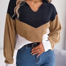 StyleCast Khaki Colourblocked V-Neck Acrylic Pullover-image-4