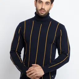 Status Quo Men Navy Blue & Yellow Striped Acrylic Pullover Sweater-image-90