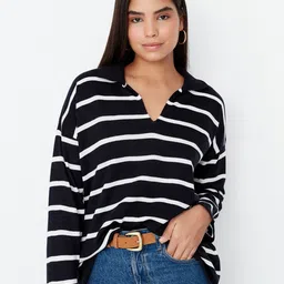 Trendyol Striped Printed V-Neck Long Sleeve Acrylic Pullover Sweaters-image-75