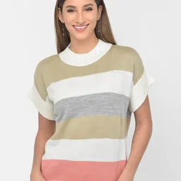 Latin Quarters Striped Mock Collar Short Sleeves Acrylic Pullover Sweater-picture-7