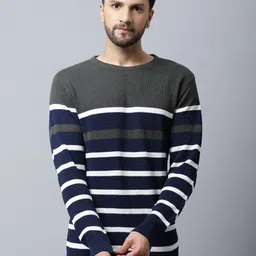 Cantabil Men Olive Green & White Striped Striped Pullover-picture-21