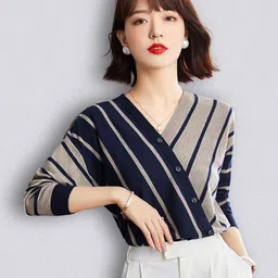 JC Collection Women Beige & Blue Striped Pullover Sweater-picture-30