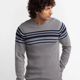 SPYKAR Men Grey & White Striped Pullover-image-53