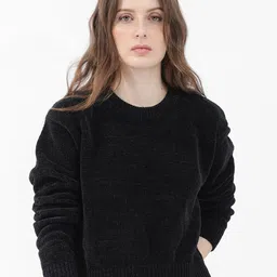 RAREISM Black Long Sleeves Round Neck Regular Pullover-46