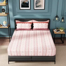 Nautica Peach-Coloured & Red Striped 160 TC Cotton King Bedsheet with 2 Pillow Covers image 2