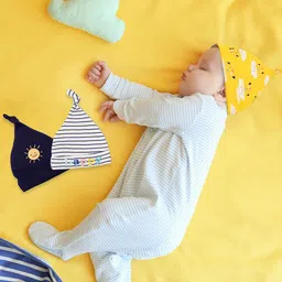 Baby Moo Unisex Kids Set Of 3 Yellow & Blue Printed Beanie Caps-2