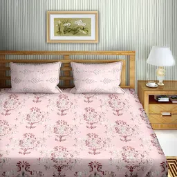 Aura Pink & Red Floral Cotton 180 TC Double Queen Bedsheet with 2 Pillow Covers-11