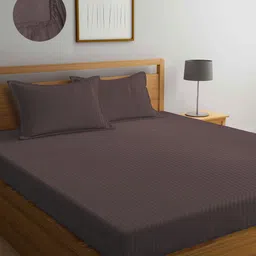 Arrabi Brown Striped 300 TC King Size Fitted Bedsheet With 2 Pillow Covers-image-17