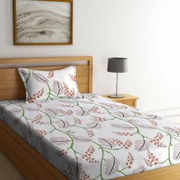 KLOTTHE White & Green Printed 300 TC Fitted Single Bedsheet & Pillow Cover-image-114