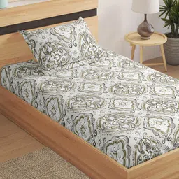 Home Centre Grey Ethnic Motifs 104 TC Microfibre Single Bedsheet with 1 Pillow Covers-54