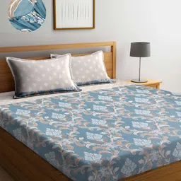 Arrabi Blue & Beige 300 TC Double King Size Fitted Bedsheet with 2 Pillow Covers-image-32
