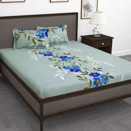 Story@home Grey Blue Floral Flat 210 TC 1 King Bedsheet with 2 Pillow Covers-image-59