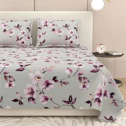 DREAM WEAVERZ Grey & Purple Floral 220 TC King Bedsheet with 2 Pillow Covers-image-43