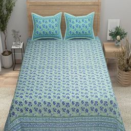 Aura Turquoise Blue Printed 144 TC Pure Cotton Double King Bedsheet With 2 Pillow Covers-image-80