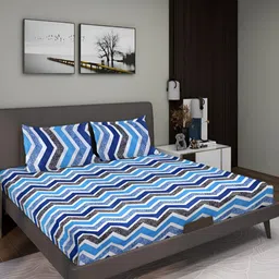 Aura Blue Geometric 144 TC Queen Microfiber Bedsheet With 2 Pillow Covers-image-60