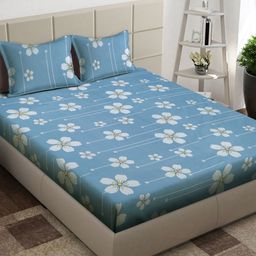 Arrabi Blue & White Floral 300 TC King Bedsheet with 2 Pillow Covers-image-56