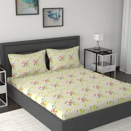 In-House by maspar Beige & Yellow Floral 210 TC Cotton 1 Queen Bedsheet with 2 Pillow Covers-62