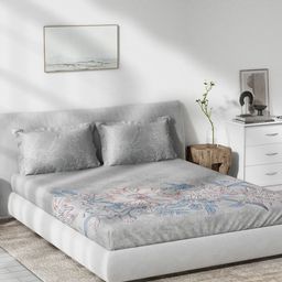DDecor Grey & Blue Floral 140 TC Cotton 1 Queen Bedsheet with 2 Pillow Covers-image-94