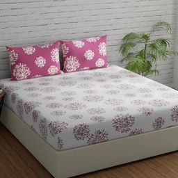 Huesland Comfort White & Mauve Printed 144 TC Cotton King Bedsheet & 2 Pillow Covers-48