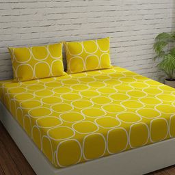 Huesland Comfort Yellow & White Geometric 144 TC Cotton King Bedsheet With 2 Pillow Covers-image-32