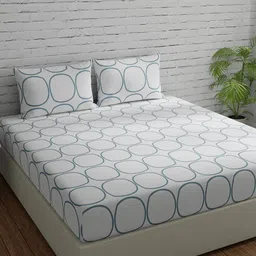 Huesland Comfort White & Blue Printed 144 TC Cotton King Bedsheet & 2 Pillow Covers-image-80