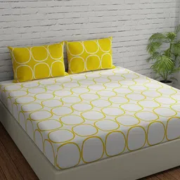 Huesland White & Yellow Geometric 144 TC Cotton King Bedsheet With 2 Pillow Covers-image-76
