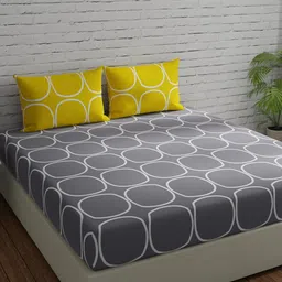 Huesland Grey & Yellow Geometric 144 TC Cotton King Bedsheet With 2 Pillow Covers-14