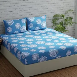 Huesland Comfort Blue & White Floral Printed 144 TC Cotton King Bedsheet & 2 Pillow Covers-image-75