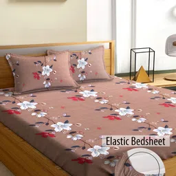 Aura Brown & Red Floral Fitted 180 TC Queen Double Size Bedsheet with 2 Pillow Covers-picture-9