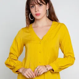 Zink London Women Mustard Yellow Solid V-neck Regular Top-image-62