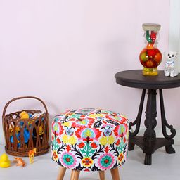 Shadowkart Blue & Yellow Printed Round Stool Ottoman-41