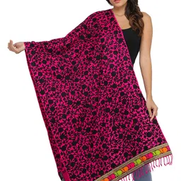 Exotic India Pink And Black Embroidered Flowers and Roses on Border Wool Phulkari Stole-79