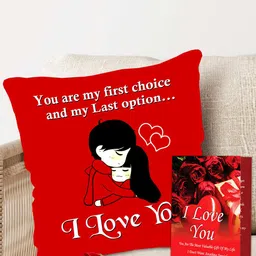 ME & YOU 3 Pcs Red Printed Cushion With Greeting Card & Rose Valentines Day Gift Set-image-114