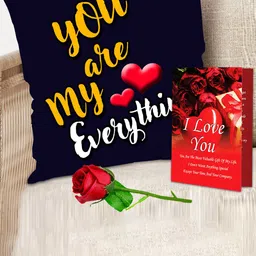 ME & YOU 3 Pcs Blue & Red Print Cushion With Greeting Card & Rose Valentines Day Gift Set-10