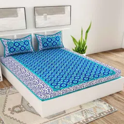 uniqchoice Turquoise Geometric 120 TC Cotton Queen Sized Bedsheet with 2 Pillow Cover-picture-19
