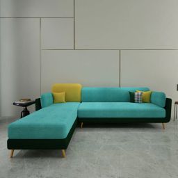 casacraft from pepperfry Montez Velvet RHS Sectional Sofa (3 + Lounger) in Turquoise & Green Colour-picture-7