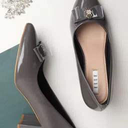 ELLE Grey Block Heel Solid Pumps with Bow-12