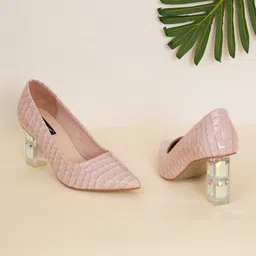 Sherrif Shoes Nude Textured Block Pumps Heels-17