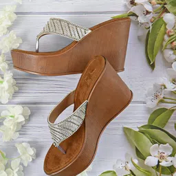 Jove Women Silver-Toned & Brown Embellished PU Wedge Sandals-picture-10