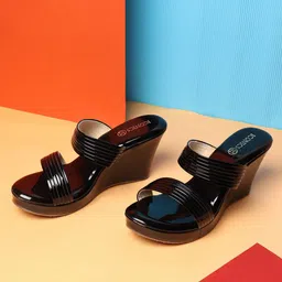 ICONICS Black Striped Wedge Heels-image-9