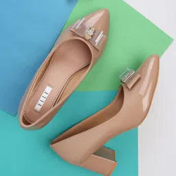 ELLE Women Camel Brown Block Pumps with Bows-11