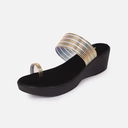 Anouk Gold Toned & Black Textured One Toe Flatform Heels-image-16