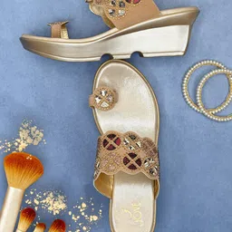 Jove Gold-Toned Embellished PU Ethnic Wedge Sandals-53