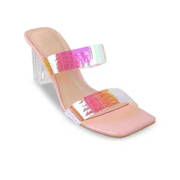 Mochi Pink & Transparent Printed Block Heels-16