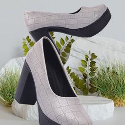 FASHIMO Grey & Navy Blue Textured Block Pumps-image-18