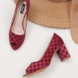 Sherrif Shoes Maroon Printed Block Peep Toes Heels-52