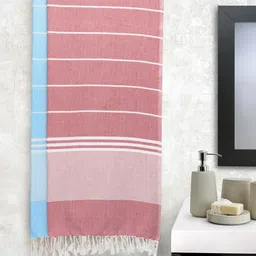 Arrabi Set Of 2 Maroon & Blue Striped Cotton Bath Towels-9